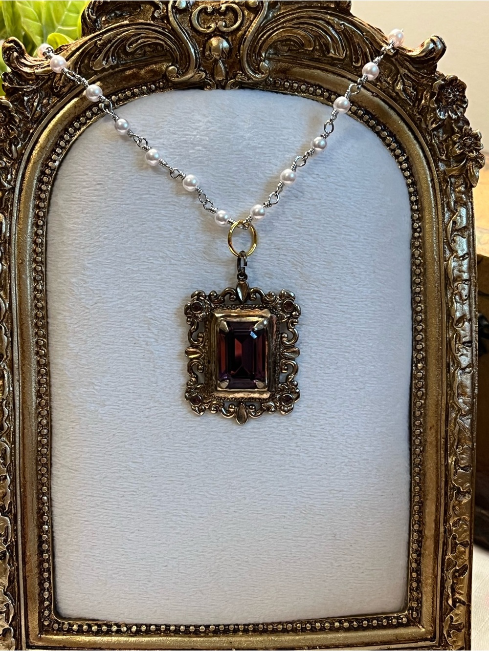 Pearl-Accented Necklace with Deep Red Gemstone Pendant